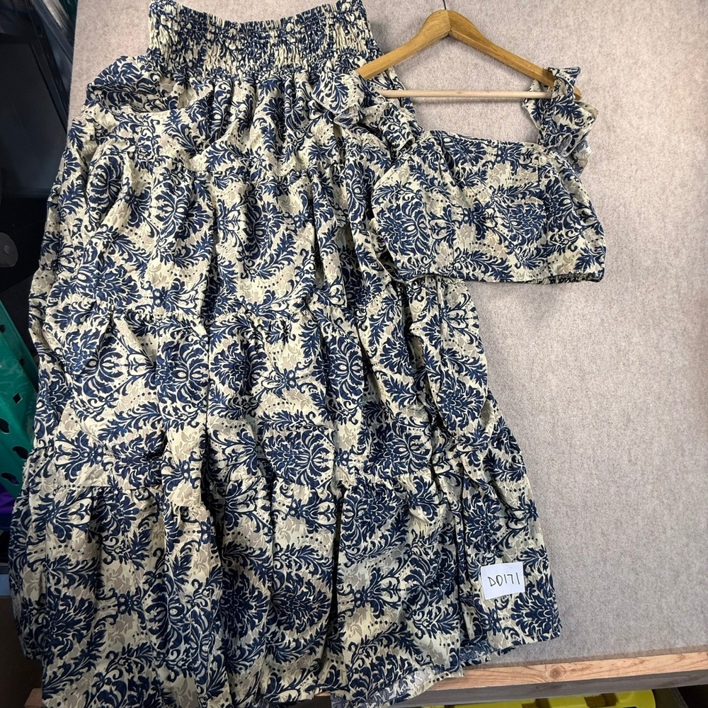 Blue Damask Floral 2 Piece Set Crop Top and Tiered Maxi Skirt Boho Festival